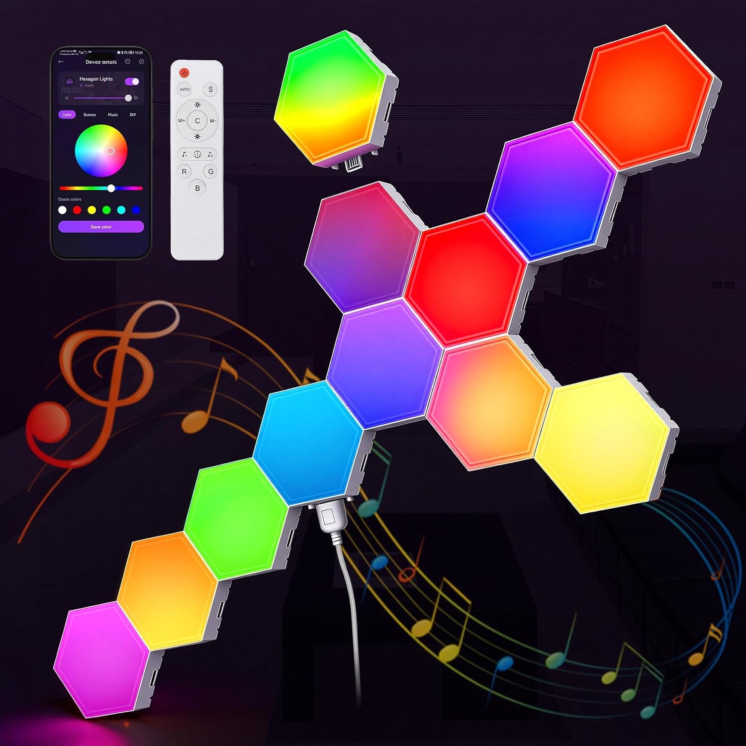 12 Pack Hexagon Lights LED Wall Panels, RGB Gaming Light with App/Music Sync & Remote, DIY Smart Modular Hexagonal Honeycomb Glide Hex Tiles Panel for Bedroom Party Decor Gifts