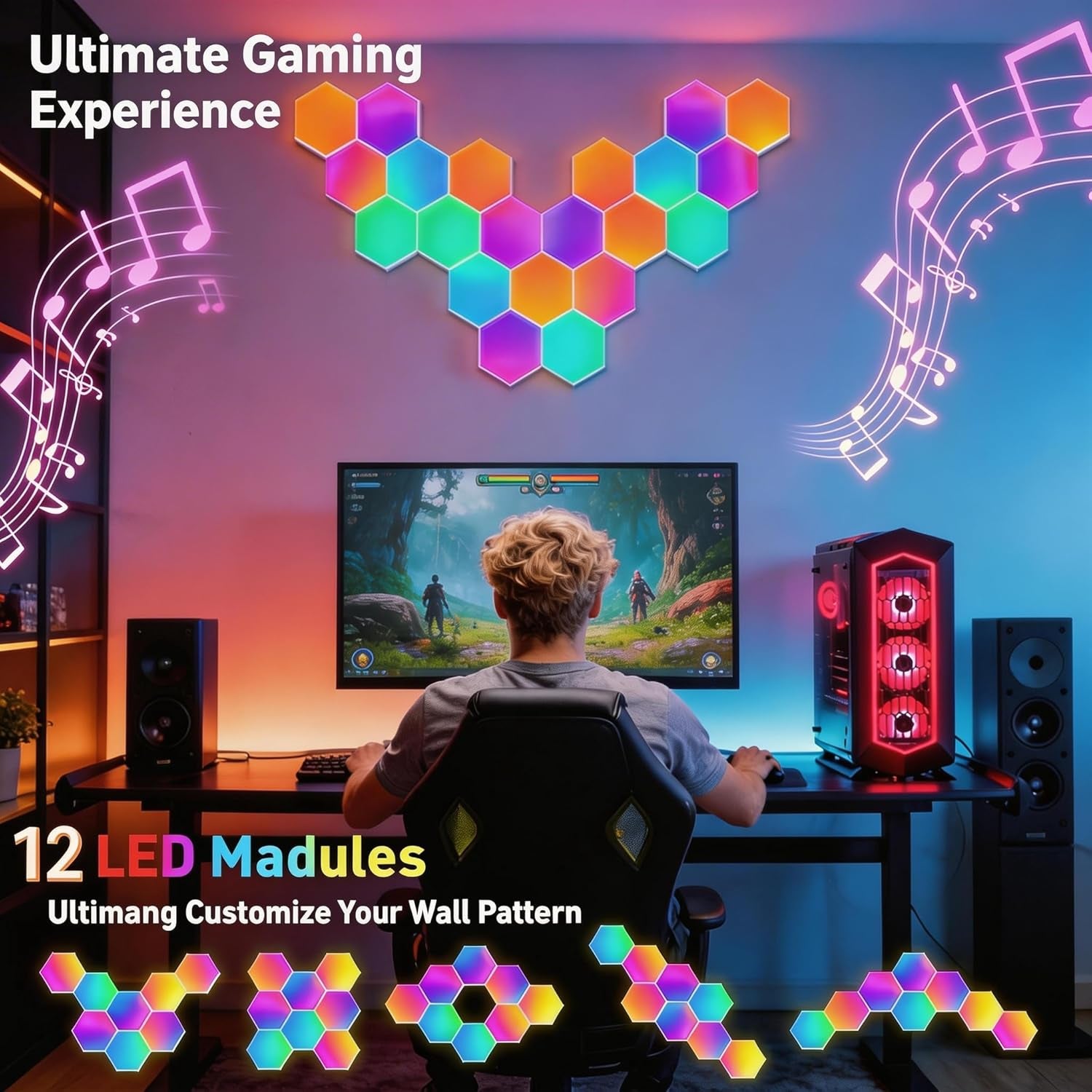 12 Pack Hexagon Lights LED Wall Panels, RGB Gaming Light with App/Music Sync & Remote, DIY Smart Modular Hexagonal Honeycomb Glide Hex Tiles Panel for Bedroom Party Decor Gifts